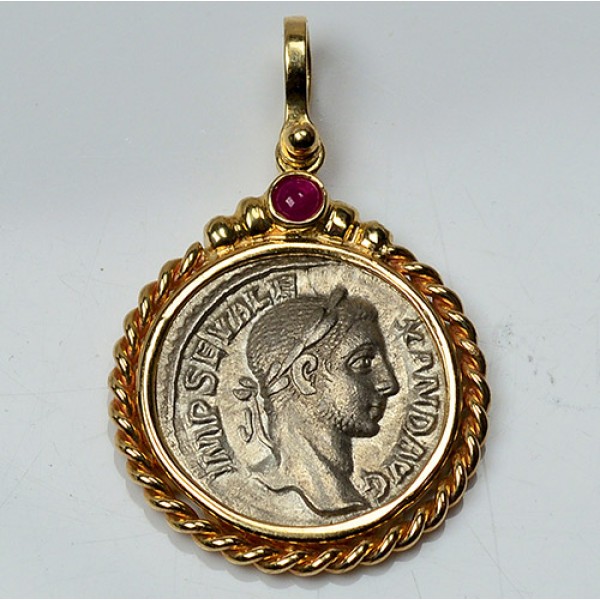 Ancient Roman Silver Denarius Severus Alexander 222-235 A.D. 14kt Gold Pendant